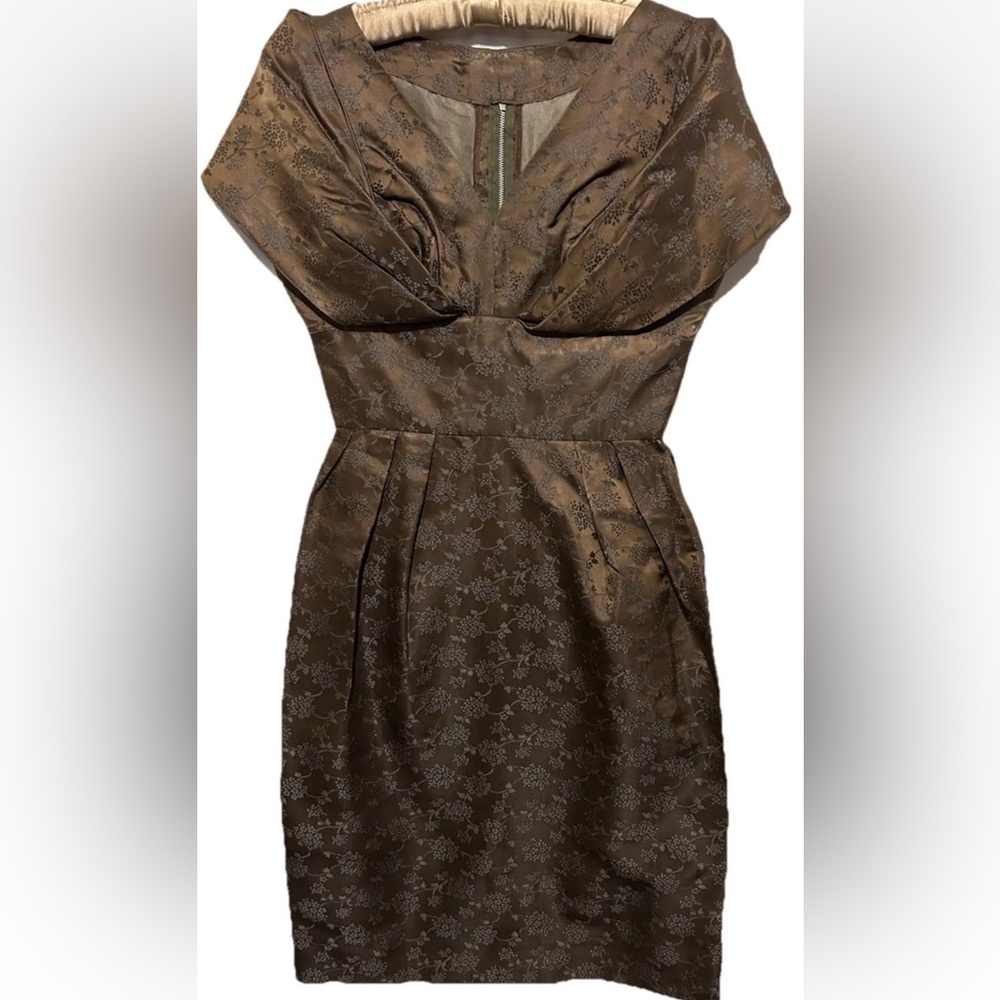 Vintage 60s Lee Claire Dress Brown Satin Brocade Embossed Floral Cocktail Party